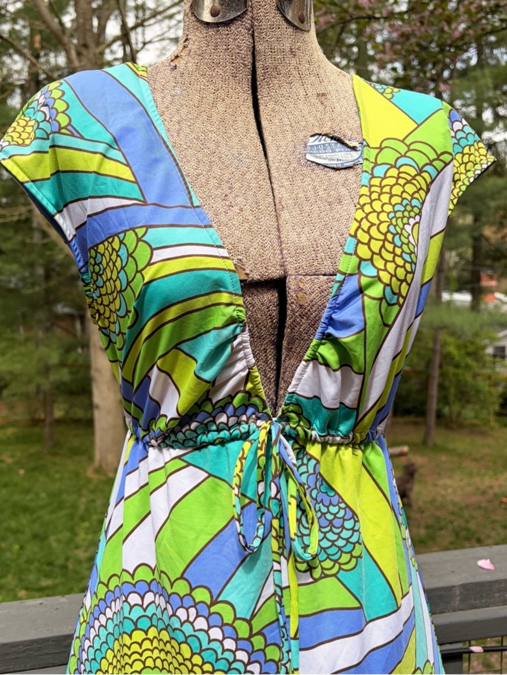 Trina Turk Retro Pattern Blue, Green & White Printed Stretchy Deep-V Mini Dress